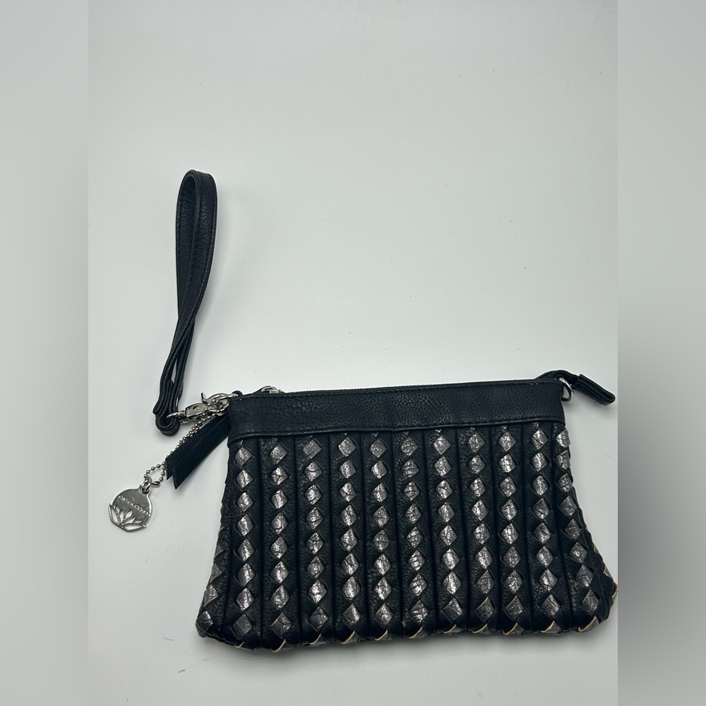 Big Buddha Wristlet Bag Women Black Silver Faux Leather Braided Pouch